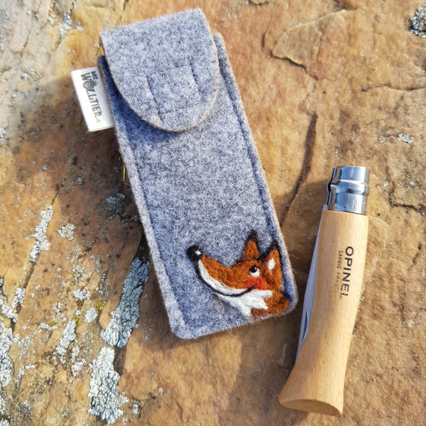 Children's pocket knife case made of wool felt with a fox