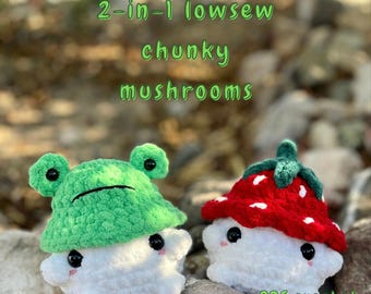 2-in-1 low sew chunky mushroom pattern, frog mushroom boi, strawberry mushroom boi, mushroom boi crochet pattern, crochet pattern