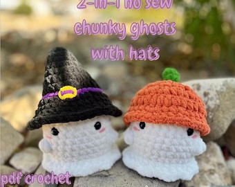 2 in 1 low-sew ghost pattern, crochet ghost with hats, pdf crochet pattern, halloween crochet patterns