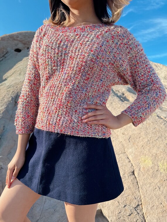 Vintage 1980s Pastel Rainbow Yarn Knitted Top | 80s retro crochet knit yarn dye