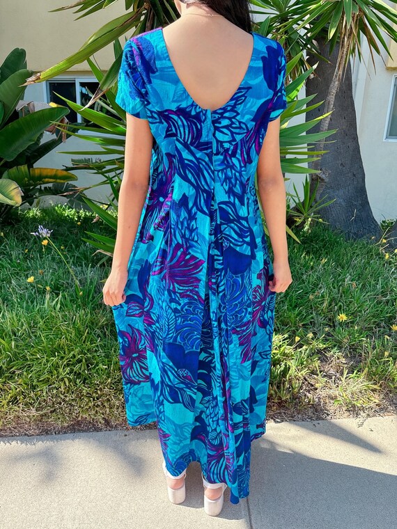 Vintage 1960s Hawaiian Maxi Dress | Blue Floral T… - image 6