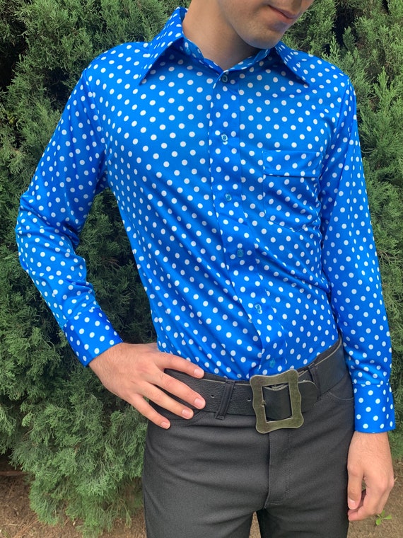 1970s Mens Deadstock Blue and White Polka Dot Pol… - image 2