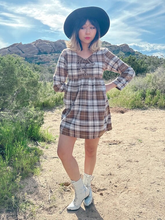 lace up plaid dress Plaid Tie Waist Long Sleeve Dress Navy / L