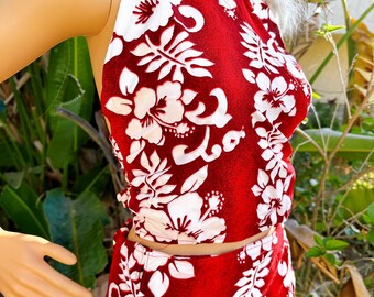 Vintage Red Hibiscus Flower Halter + Wrap Skirt Two Piece