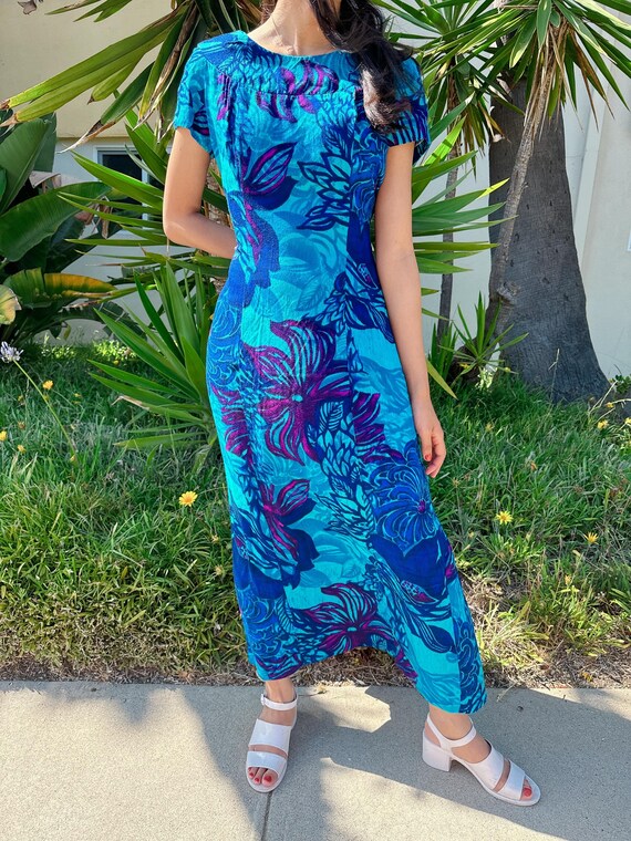 Vintage 1960s Hawaiian Maxi Dress | Blue Floral T… - image 1