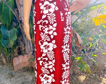 Vintage Red Hibiscus Flower Halter + Wrap Skirt Two Piece