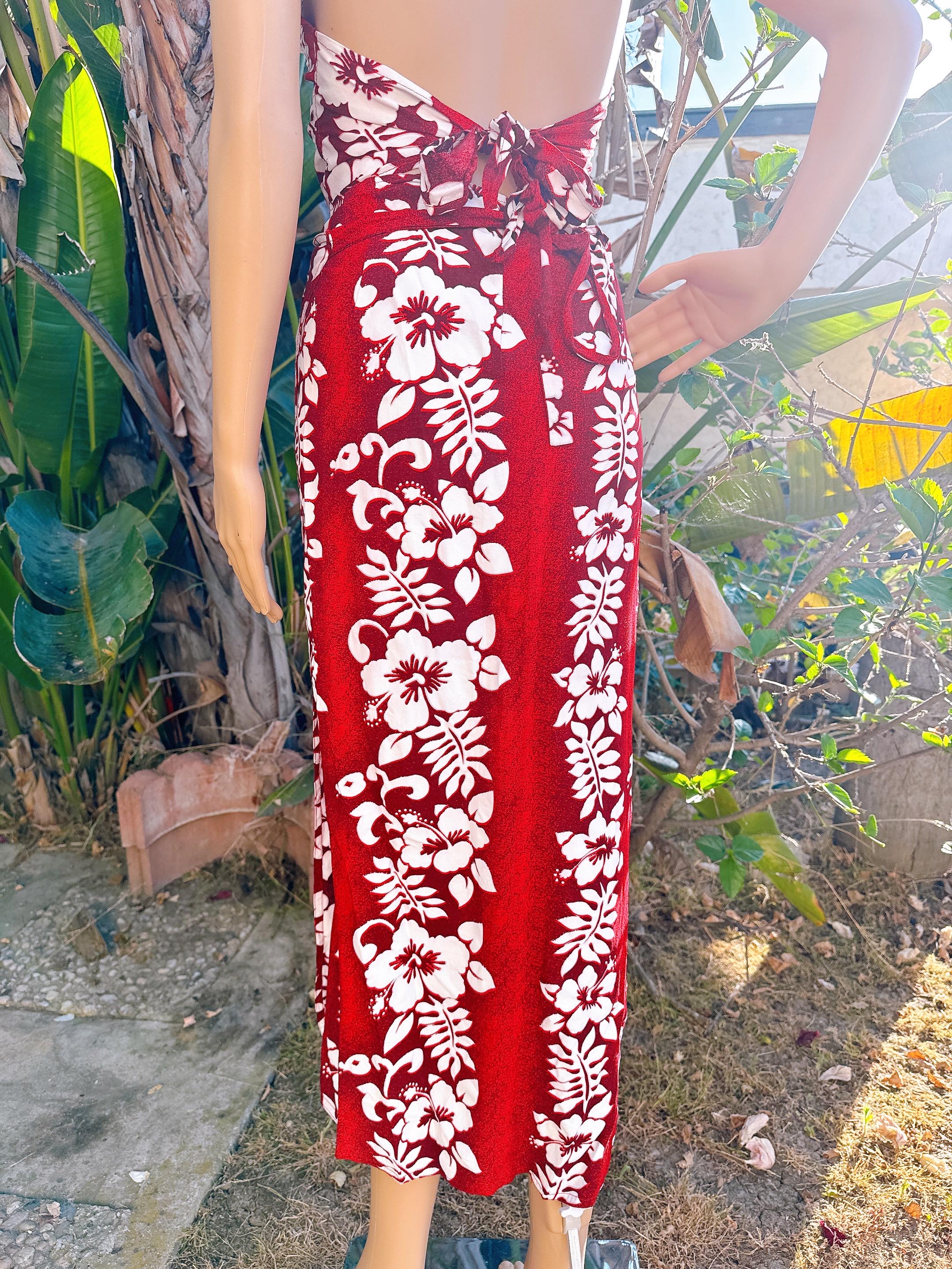 Vintage Red Hibiscus Flower Halter + Wrap Skirt Two Piece