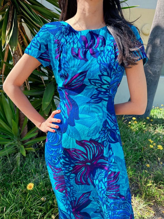 Vintage 1960s Hawaiian Maxi Dress | Blue Floral T… - image 2