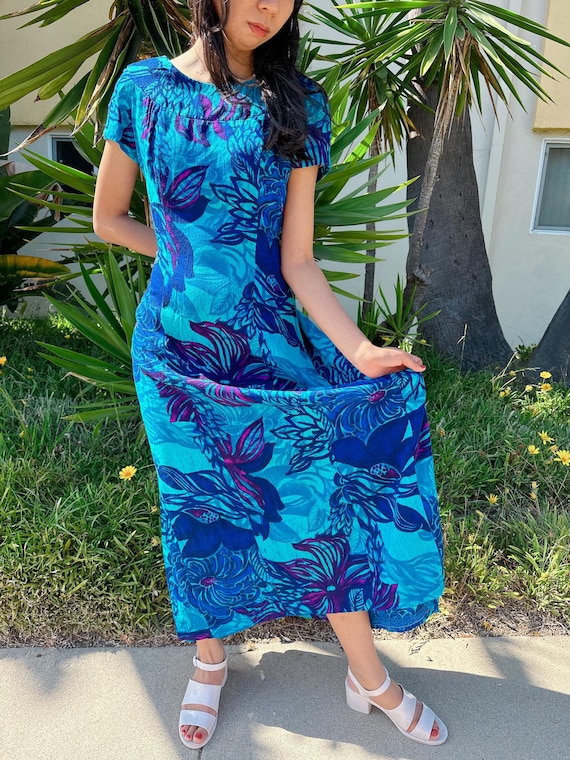 Vintage 1960s Hawaiian Maxi Dress | Blue Floral T… - image 3