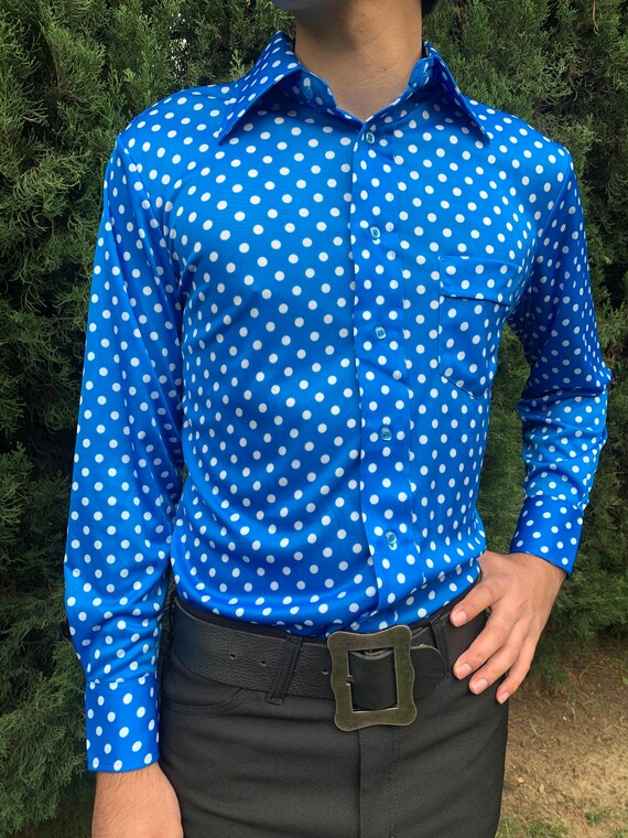 1970s Mens Deadstock Blue and White Polka Dot Pol… - image 3