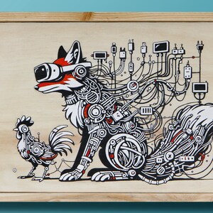 May include: Wooden framed artwork featuring a stylized fox and rooster illustration. The fox is depicted with mechanical components in red, white, and black. The rooster is also in black and white. The artwork is set against a light wood grain background.