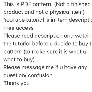 May include: A list of instructions for purchasing a PDF pattern. The instructions include information about the pattern being a digital download, a YouTube tutorial, and how to contact the seller with questions.