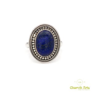 925 Sterling Silver Cabochon Natural Lapis Lazuli Gemstone 10x14 mm Oval Handcrafted Boho Design Ring Fine Jewelry US 6, 7, 8, 9 Spring SALE
