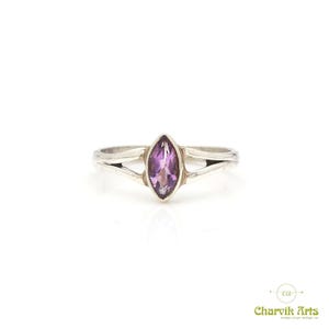 Pierścionek ze srebra próby 925 z fasetowanym naturalnym ametystem, ręcznie wykonany, 4 x 8 mm, markiza, prosty design, biżuteria wysokiej jakości, rozmiary US 6, 7, 8, 9