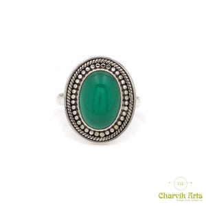 925 Sterling Silver Cabochon Natural Green Onyx Gemstone 10x14 mm Oval Handcrafted Boho Design Ring Fine Jewelry US 6, 7, 8, 9 Spring SALE
