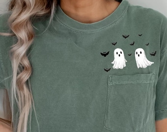 Flying Ghost & Bats Cute Pocket Graphic Tee, Halloween Shirt, Fall Autumn T-Shirt, Ghost Shirt, Spooky Ghost Animal Shirt Comfort Colors