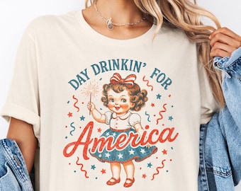 Day Drinkin 'for America T-Shirt, lustiges 4. Juli Shirt, USA Patriotisches Mädchen Grafik-T-Shirt, Retro Americana Frauen, Sommer BBQ Party