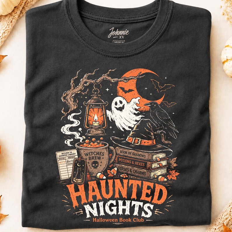 Camiseta del Club de Lectura Noches Embrujadas, Camiseta Gráfica de Lectora Bruja, Regalo Vintage de Halloween para Amantes de los Libros, Camiseta de Biblioteca Fantasma Espeluznante, Top de Biblioteca de Brujas imagen 1