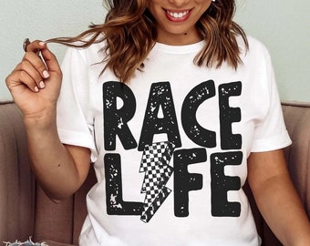 Race Life Shirts Racing Shirt Track T-Shirt Gift for Mom Coaches Wife Racetrack Shirt Race Track Checkered Flag Race Day Lightning Bolt Tee