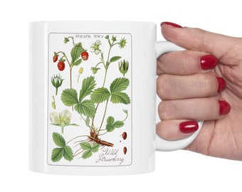 Jordgubbskaffemugg Vintage jordgubbar tryck tekopp Cottagecore antik botanisk vild jordgubb akvarell jordgubbar kaffekopp