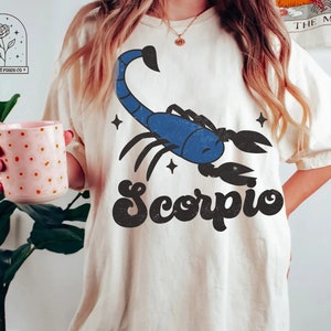 Retro Zniszczona Vintage Astrologia Grafika Koszulka Zodiak Koszulka Komfortowe Kolory Koszulka Skorpion Prezent Horoskop Koszulka Zodiak Koszulka Prezenty Urodzinowe