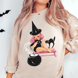 Halloween Sweatshirt Crewneck Halloween Shirt Grappig Spooky Seizoen Retro Halloween Herfst Sweatshirt Vrouwen Mannen Plus Size Retro Heks Pin Up Tee