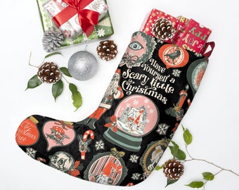 May include: Black Christmas stocking with a spooky theme. The stocking features a repeating pattern of snow globes, candy canes, skulls, and a gnome. The text "Have yourself a scary little Christmas" is printed on the stocking.