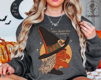 Cuello redondo de Halloween de bruja retro, camisas lindas de Halloween, camisas de otoño de Halloween, sudadera de otoño para mujer Halloween, Halloween lindo espeluznante