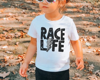 Race Life Shirts Kids Racing Shirt Track T-Shirt Coaches Kid Racetrack Shirt Toddler Sizes Race Track Checkered Flag Race Day Lightning
