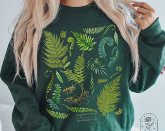 Ropa Cottagecore Vintage Helecho Estampado Hojas Suéter Camisa Forestcore Amantes de las plantas Regalo al aire libre Senderismo Crewneck Sudadera Camisas científicas