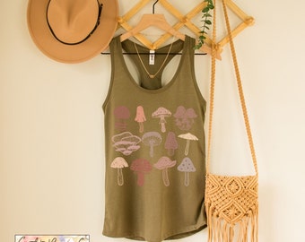 Camisa de setas Cottagecore Tank Top Fairycore Goblincore Boho Pastel Mushrooms Camisetas botánicas Racerback Summer Tank Estética Camisas de otoño