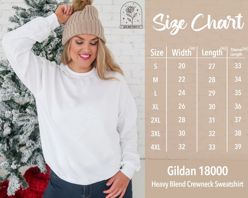 May include: Size chart for Gildan 18000 Heavy Blend Crewneck Sweatshirt. The chart shows sizes S through 4XL with corresponding width, length, and sleeve length measurements in inches.