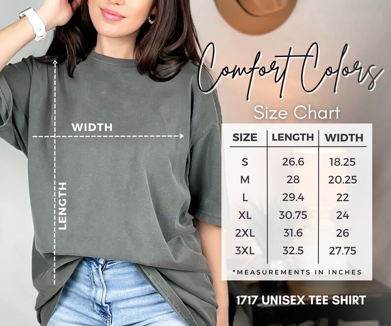 May include: Size chart for a unisex tee shirt with measurements in inches. The chart shows sizes S through 3XL with corresponding length and width measurements.
