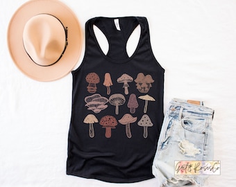 Camisa de setas Cottagecore Tank Top Fairycore Goblincore Boho Pastel Mushrooms Camisetas botánicas Racerback Summer Tank Estética Camisas de otoño