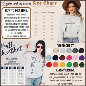 May include: Size chart for youth and adult sweatshirts. The chart shows the width and length measurements in inches for sizes XS to 5XL. The chart also includes a colour chart with various colours, including white, sand, ash, sport grey, dark heather, black, light blue, navy, maroon, heliconia, light pink, purple, red, orange, gold, irish green, military green, and forest green.