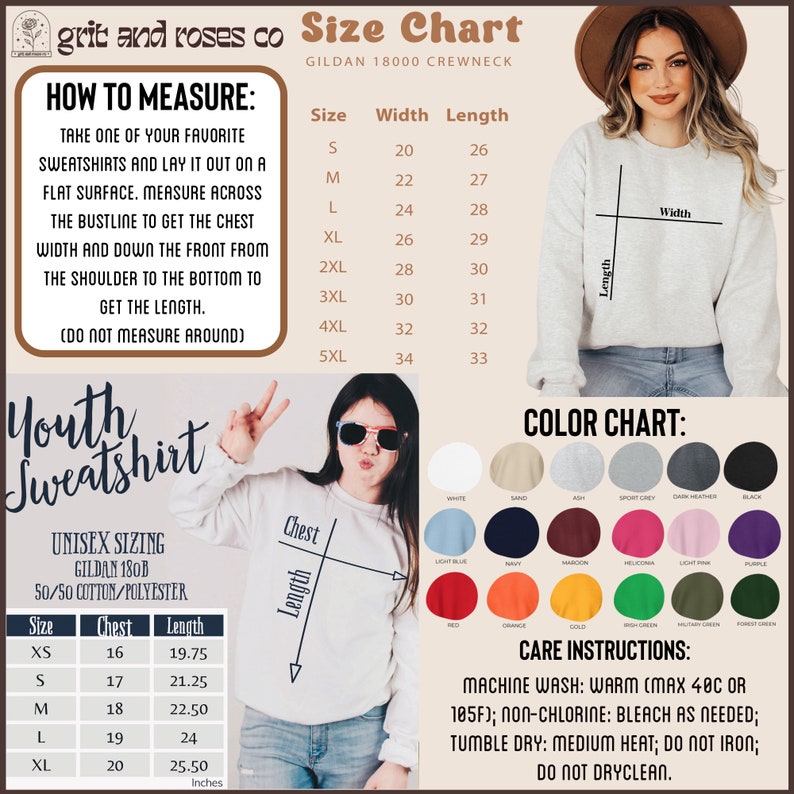 May include: Size chart for youth and adult sweatshirts. The chart shows the width and length measurements in inches for sizes XS to 5XL. The chart also includes a colour chart with various colours, including white, sand, ash, sport grey, dark heather, black, light blue, navy, maroon, heliconia, light pink, purple, red, orange, gold, irish green, military green, and forest green.