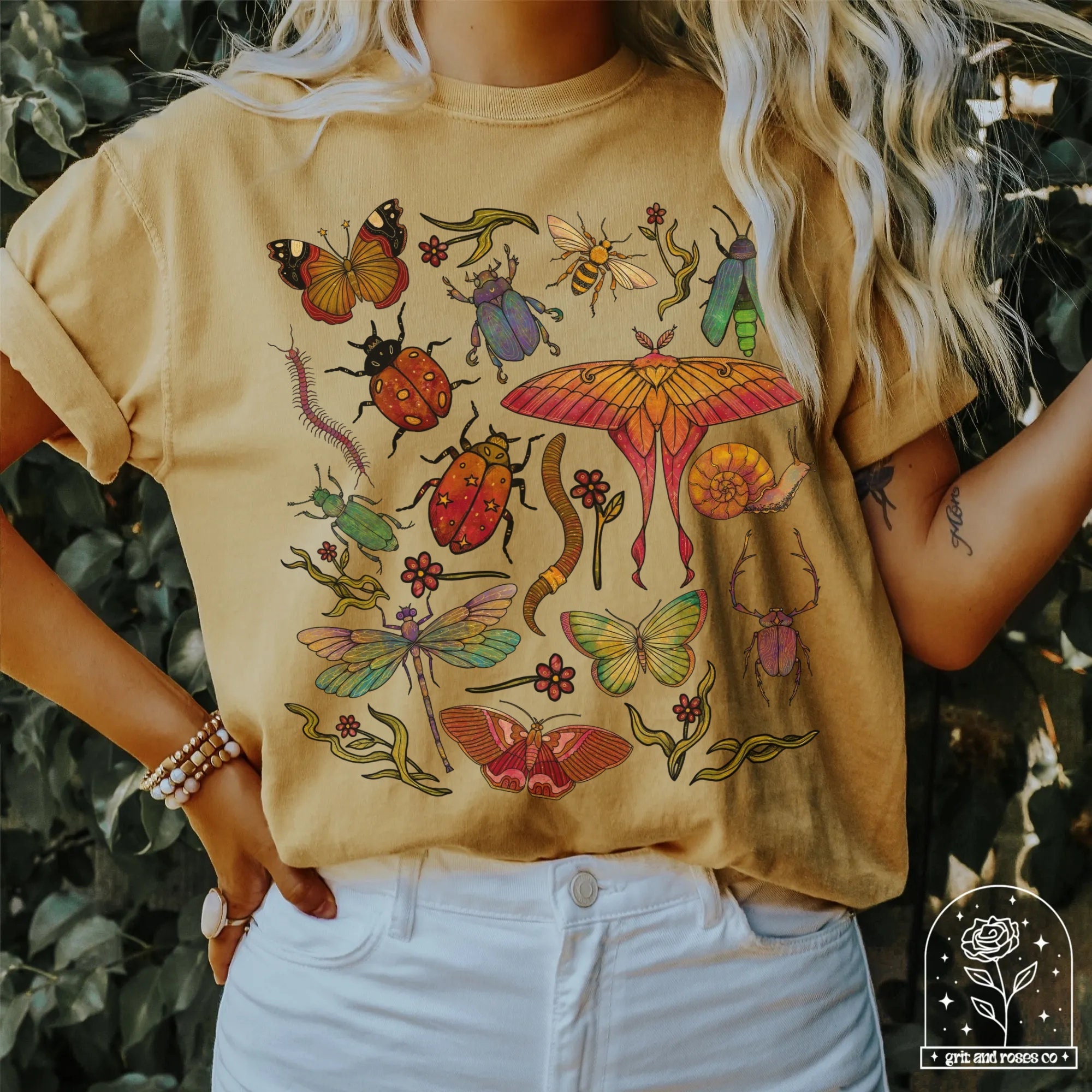 Bug Shirt Butterfly Shirts Insect Tshirt Watercolor Hand Drawn Bugs T-Shirt Cottagecore Apparel Goblincore Clothing Forestcore Creature Tees