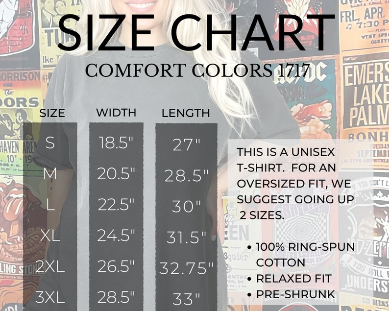 May include: Size chart for a unisex t-shirt with measurements in inches. The chart shows the width and length of the shirt in sizes S, M, L, XL, 2XL, and 3XL. The text also states that the shirt is 100% ring-spun cotton, has a relaxed fit, and is pre-shrunk.