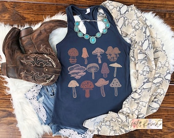 Camisa de setas Cottagecore Tank Top Fairycore Goblincore Boho Pastel Mushrooms Camisetas botánicas Racerback Summer Tank Estética Camisas de otoño