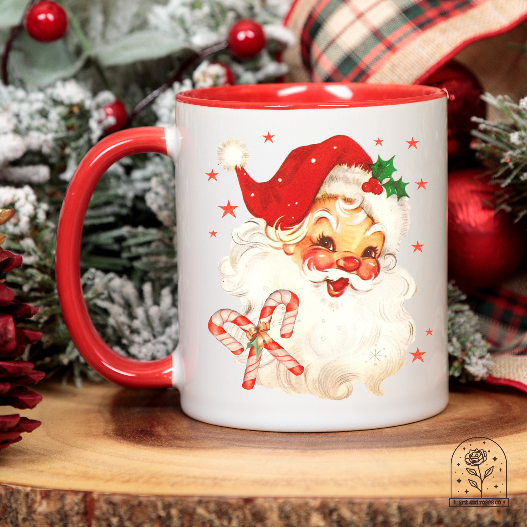 Vintage Santa Mug, Santa Christmas Mug, Santa Mug, Ceramic Coffee Mug, Retro Christmas Mug, Holiday Santa Claus Mug, Colored inside, 11oz