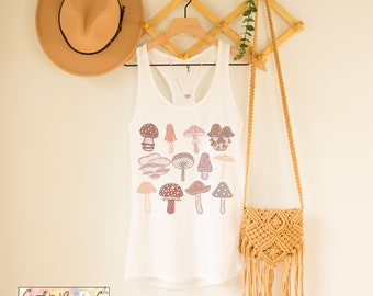 Camisa de setas Cottagecore Tank Top Fairycore Goblincore Boho Pastel Mushrooms Camisetas botánicas Racerback Summer Tank Estética Camisas de otoño