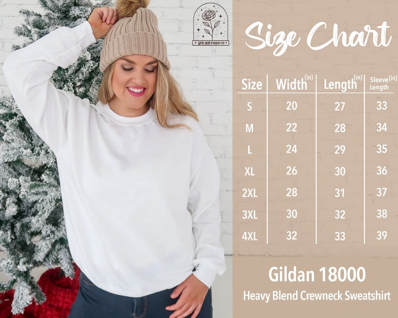 May include: A white crewneck sweatshirt with a size chart. The chart lists sizes S to 4XL, with measurements in inches for width, length, and sleeve length. The sweatshirt is a Gildan 18000 Heavy Blend.