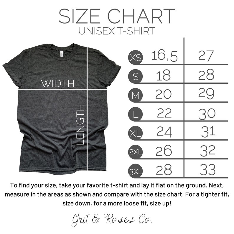 May include: Size chart for unisex t-shirts. The chart shows measurements in inches for width and length for sizes XS, S, M, L, XL, 2XL, and 3XL.