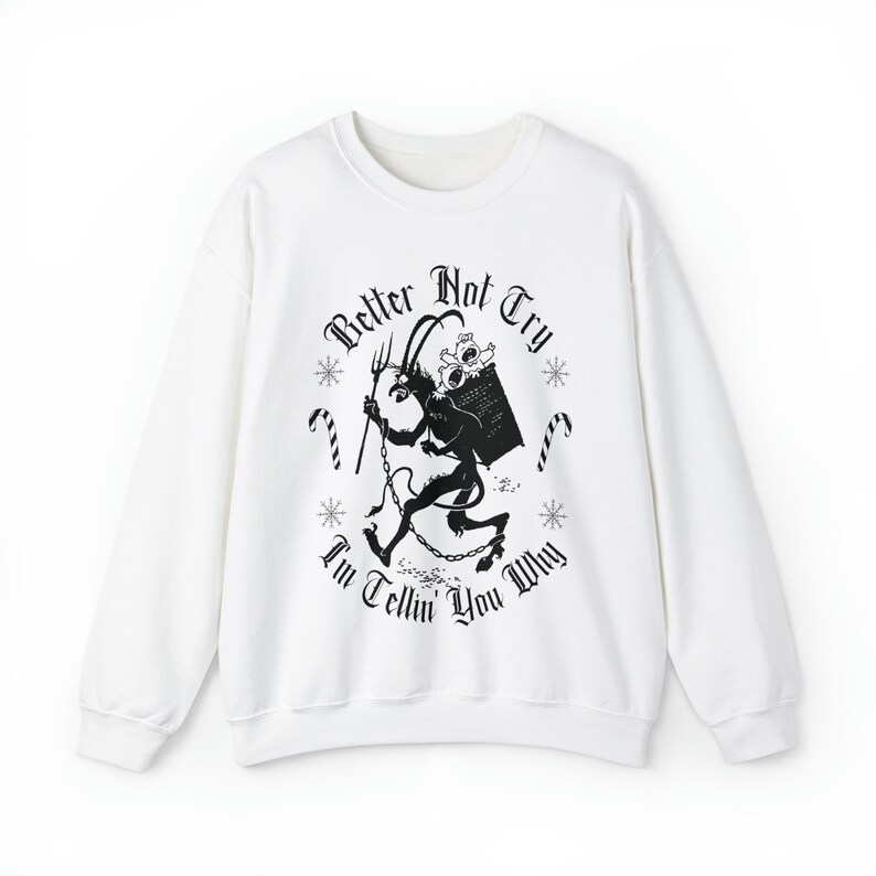 Krampus Sweatshirt Scary Christmas Crewneck Sweatshirts Spooky Christmas Tees and Hoodies Pajamas Pullover Creepy Ugly Christmas Sweaters White