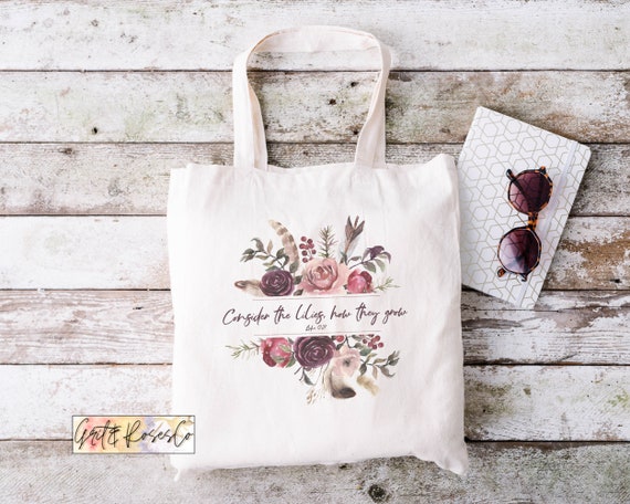 Lilies Christian Canvas Tote Bag Fall Wildflowers Bible Verse Gift  Inspirational Kindness Book Bag Religious Scripture Womens Gifts Mom Gift 