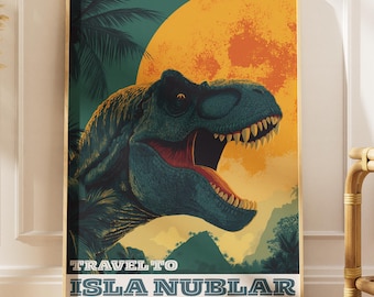 T-Rex Travel Poster – Isla Nublar Retro Dinosaur Art Print