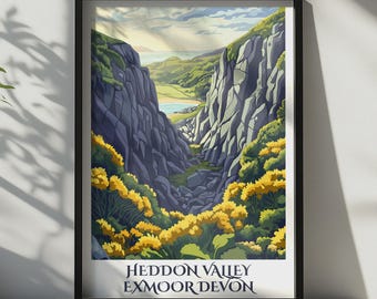 Heddon Valley Exmoor Devon Print, Travel Poster, UK Coastal Wall Art Gift