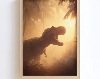T-Rex Sunset  Wall Art: Realistic Jurassic Dinosaur Poster for Home Décor