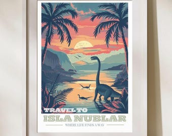 Retro Dinosaur Island Travel Poster – T-Rex Sunset Wall Art Print
