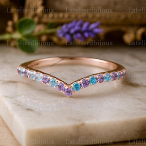 Rose Gold Amethyst Wedding Band Vintage Aquamarine Wedding Band Half Eternity Curved Ring Gemstone Stackable Ring Birthstone Matching Band